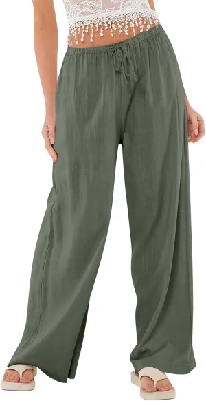 Baggy Wide Leg Linen Pants for Women Elastic High Waisted Pants Summer Beach Vacation Gauze Pants with Pockets