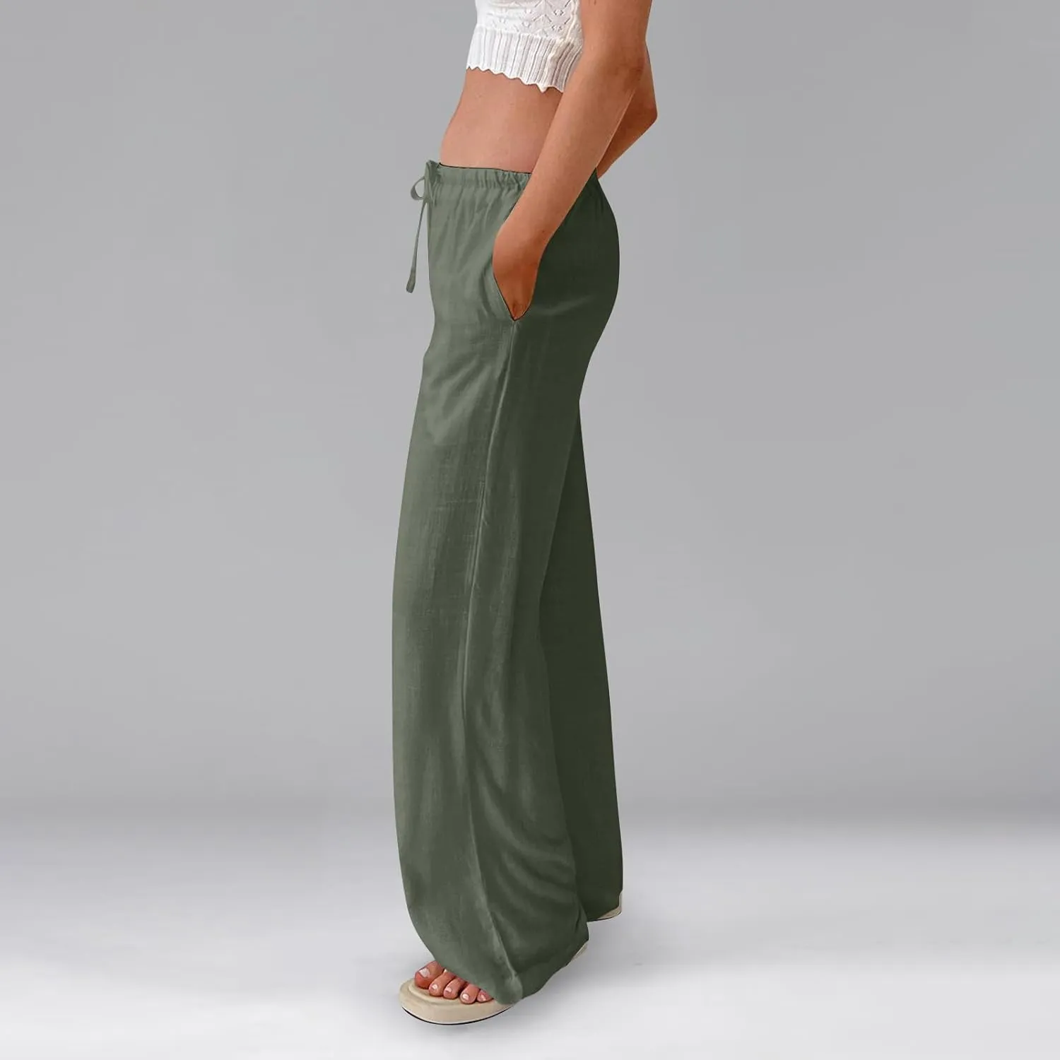 Baggy Wide Leg Linen Pants for Women Elastic High Waisted Pants Summer Beach Vacation Gauze Pants with Pockets