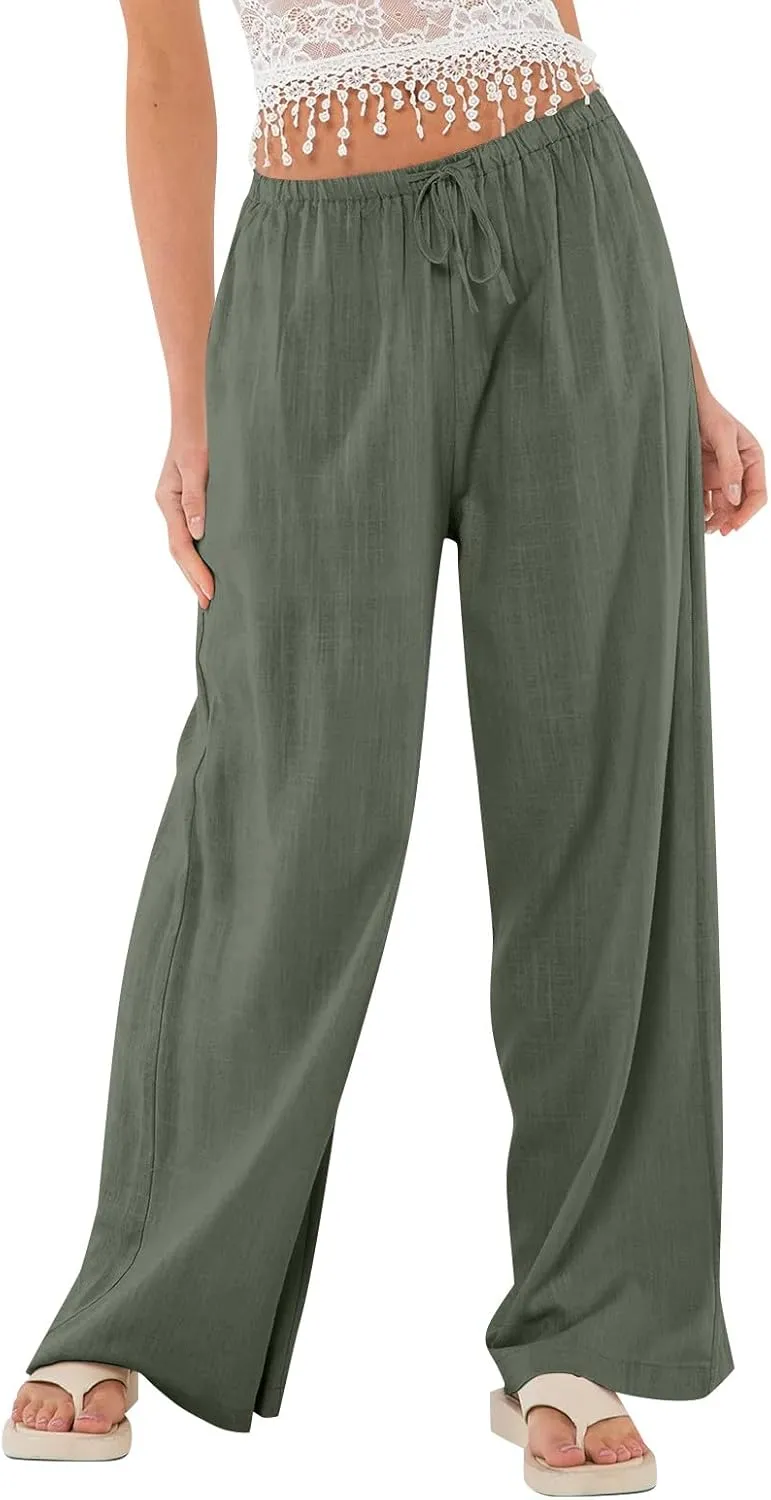 Baggy Wide Leg Linen Pants for Women Elastic High Waisted Pants Summer Beach Vacation Gauze Pants with Pockets