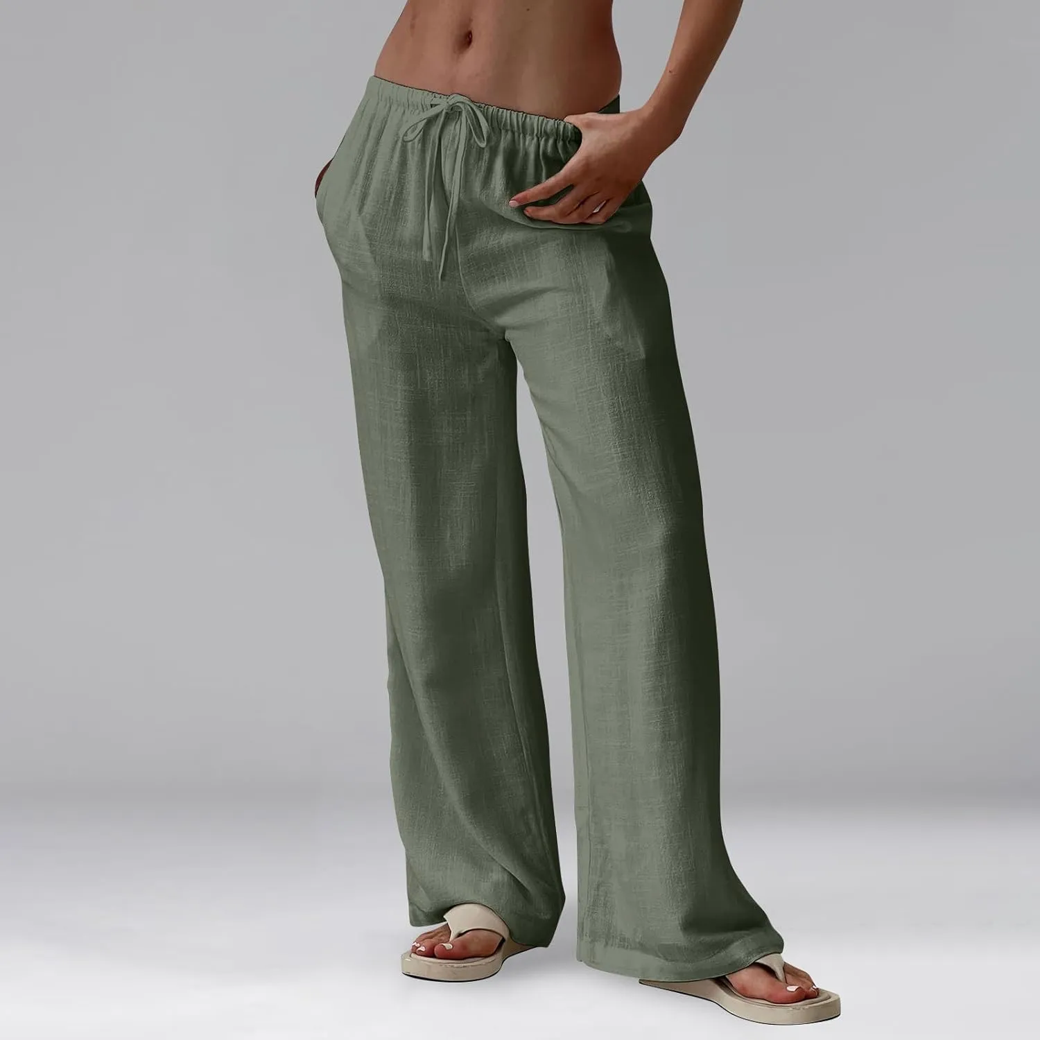 Baggy Wide Leg Linen Pants for Women Elastic High Waisted Pants Summer Beach Vacation Gauze Pants with Pockets