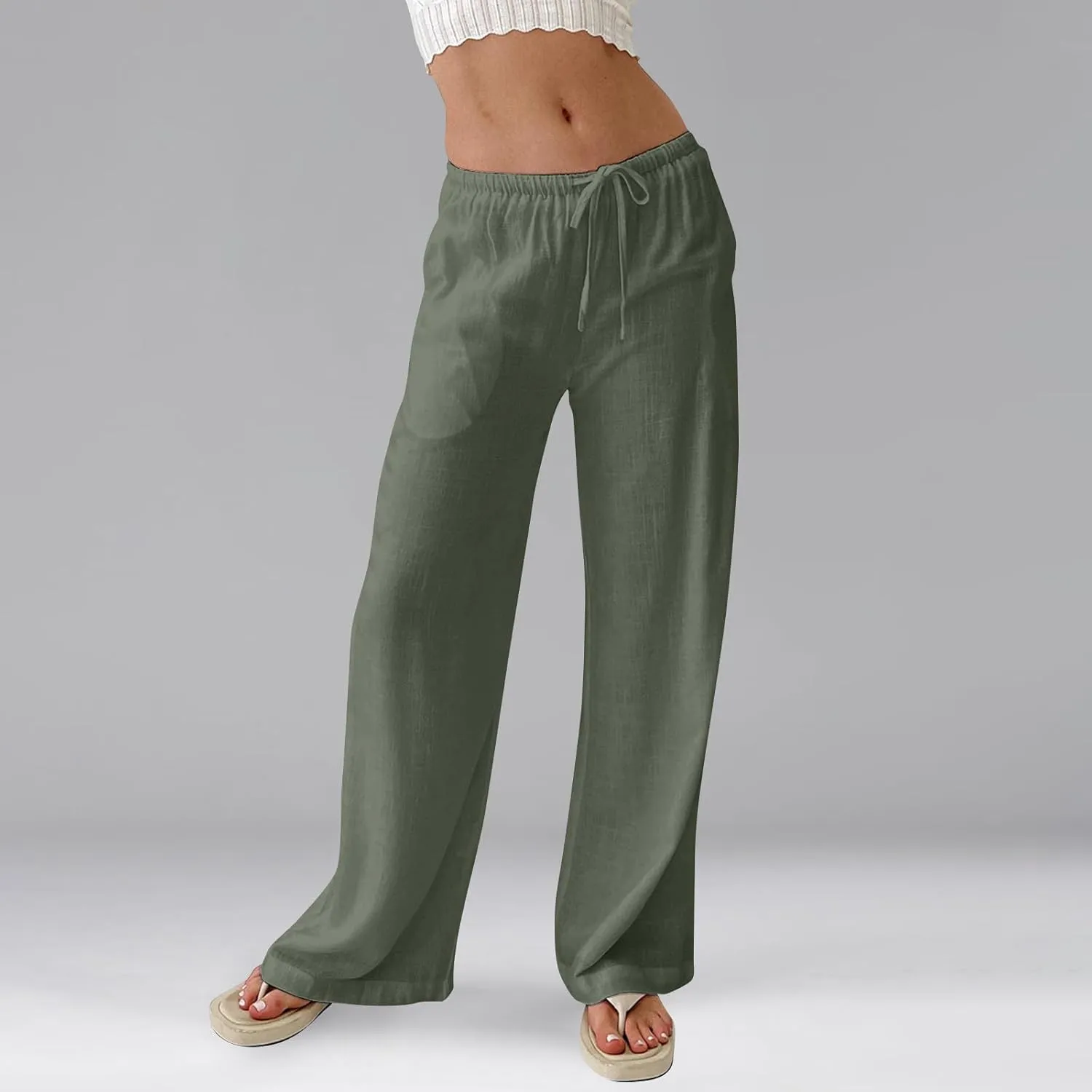 Baggy Wide Leg Linen Pants for Women Elastic High Waisted Pants Summer Beach Vacation Gauze Pants with Pockets