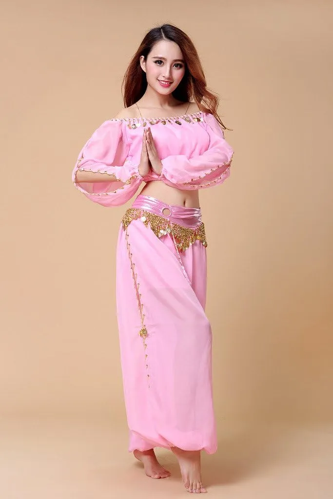 Belly Dance Chiffon Long Sleeves Top and Lantern Coins Pants Black, One Size