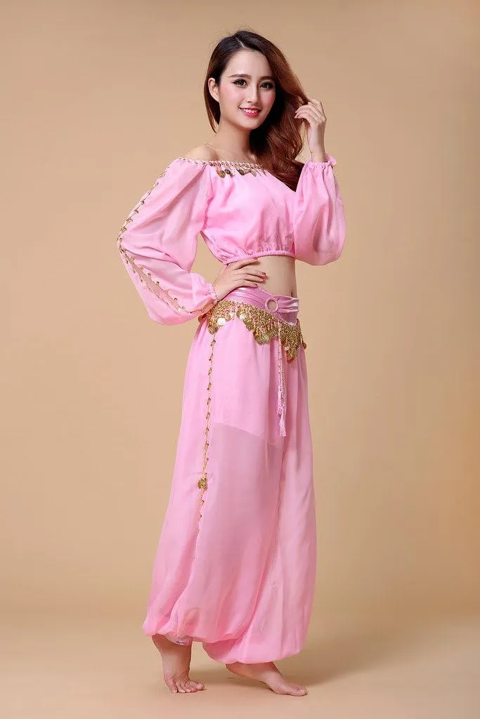 Belly Dance Chiffon Long Sleeves Top and Lantern Coins Pants Black, One Size