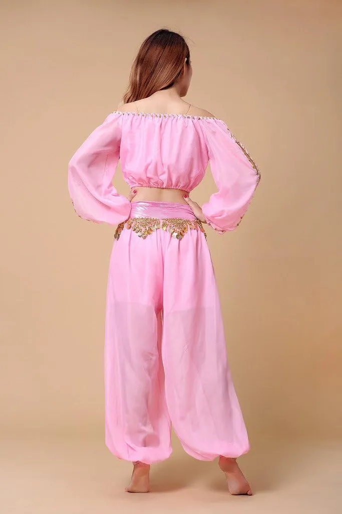 Belly Dance Chiffon Long Sleeves Top and Lantern Coins Pants Black, One Size