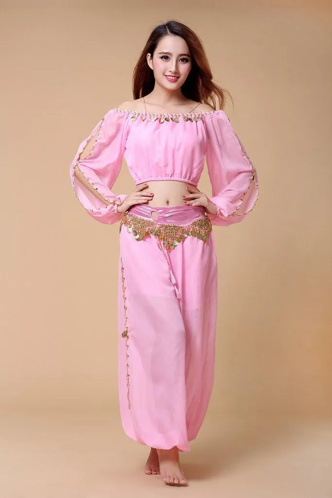 Belly Dance Chiffon Long Sleeves Top and Lantern Coins Pants Black, One Size