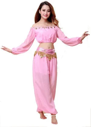 Belly Dance Chiffon Long Sleeves Top and Lantern Coins Pants Black, One Size