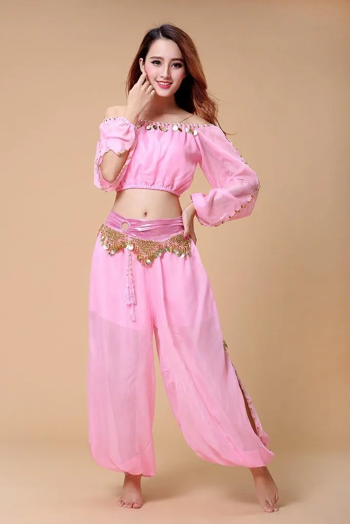 Belly Dance Chiffon Long Sleeves Top and Lantern Coins Pants Black, One Size