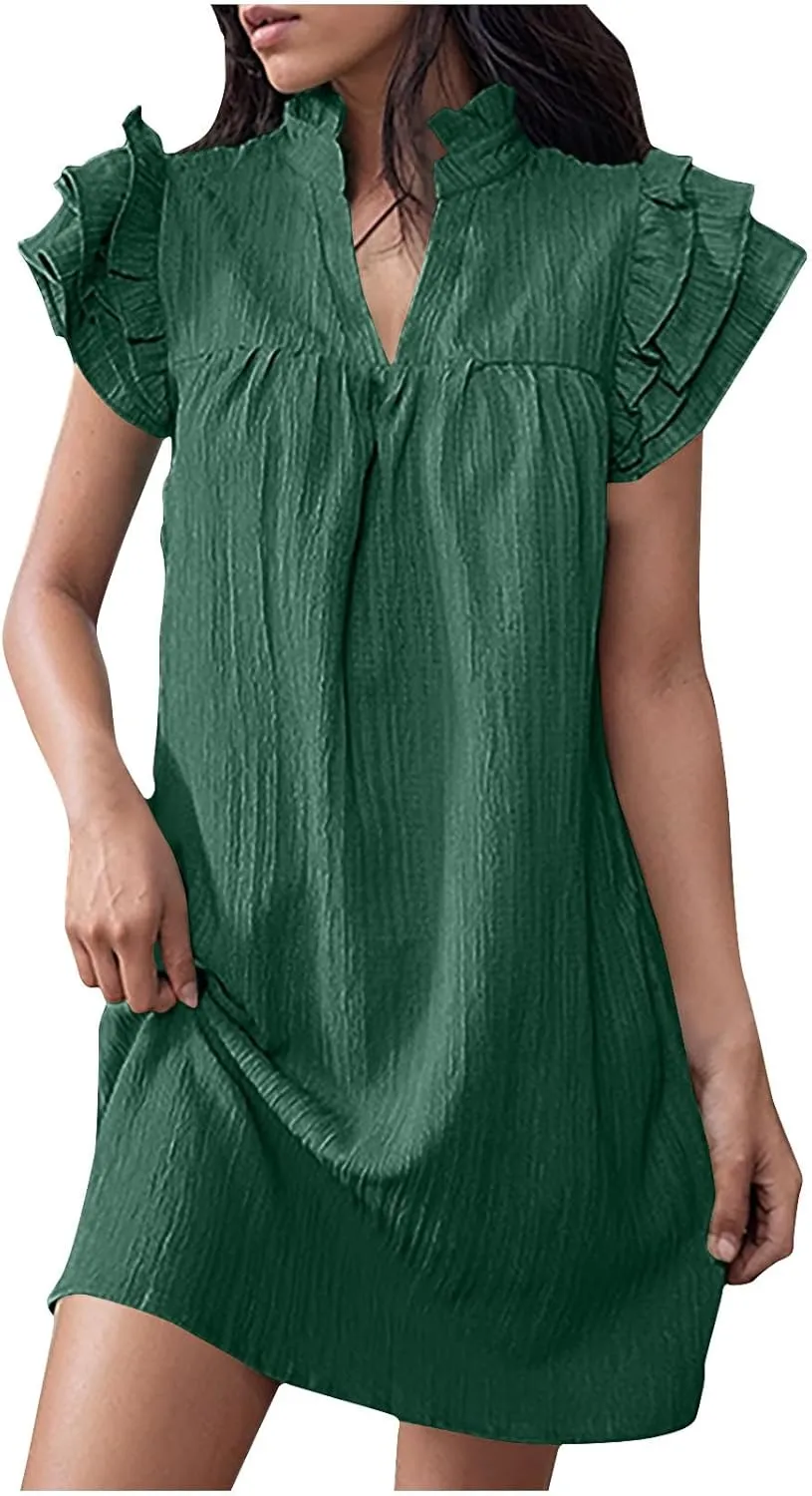 Binmer Women's 2024 Summer Mini Dress Texture Casual Ruffle Sleeve V Neck Loose Tunic Dress Loose Fit Solid Beach Sundresses