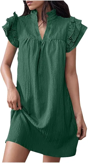 Binmer Women's 2024 Summer Mini Dress Texture Casual Ruffle Sleeve V Neck Loose Tunic Dress Loose Fit Solid Beach Sundresses
