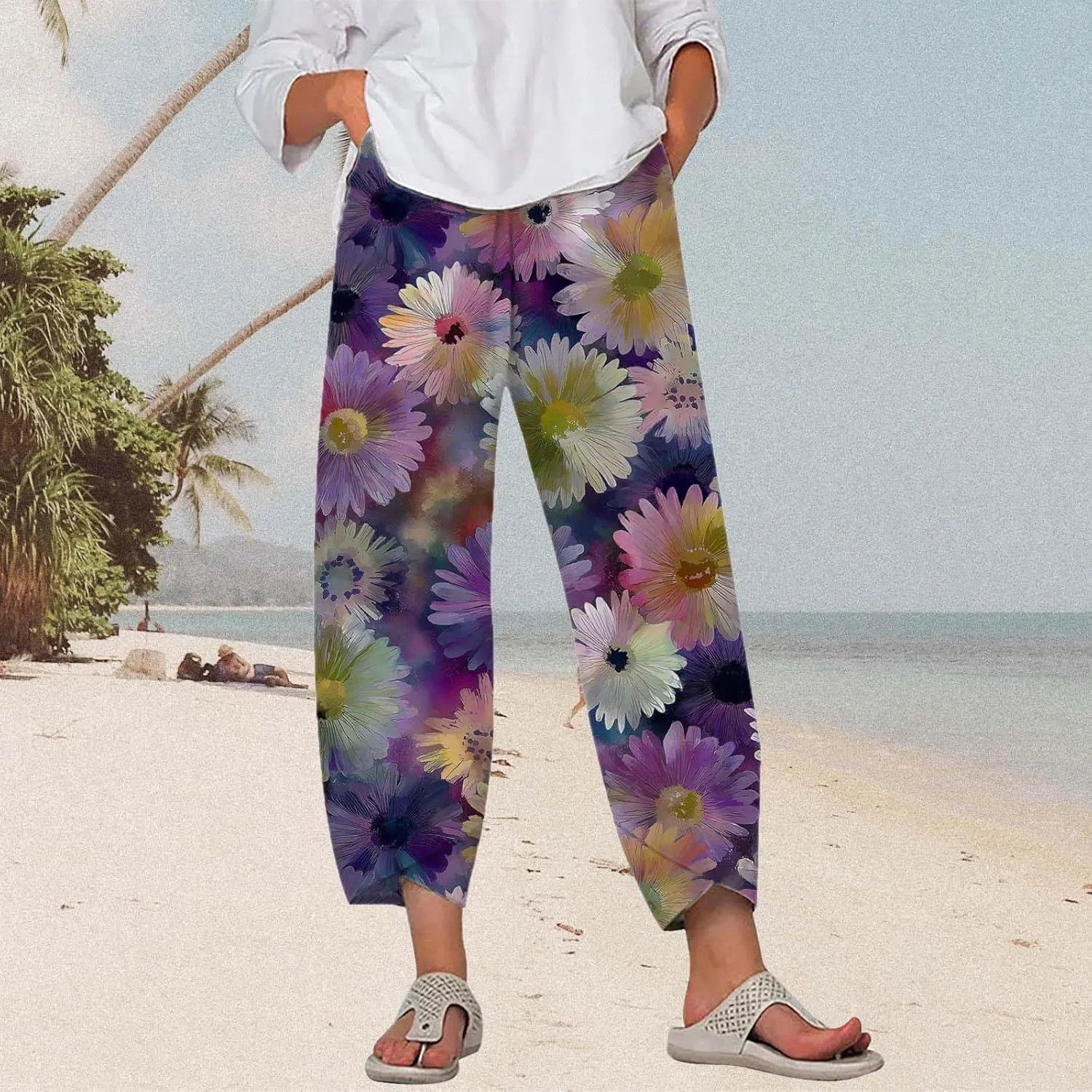 Boho Cotton Linen Pants for Womens Summer Floral Capri Pants Wide Leg Comfy Baggy Palazzo Trousers