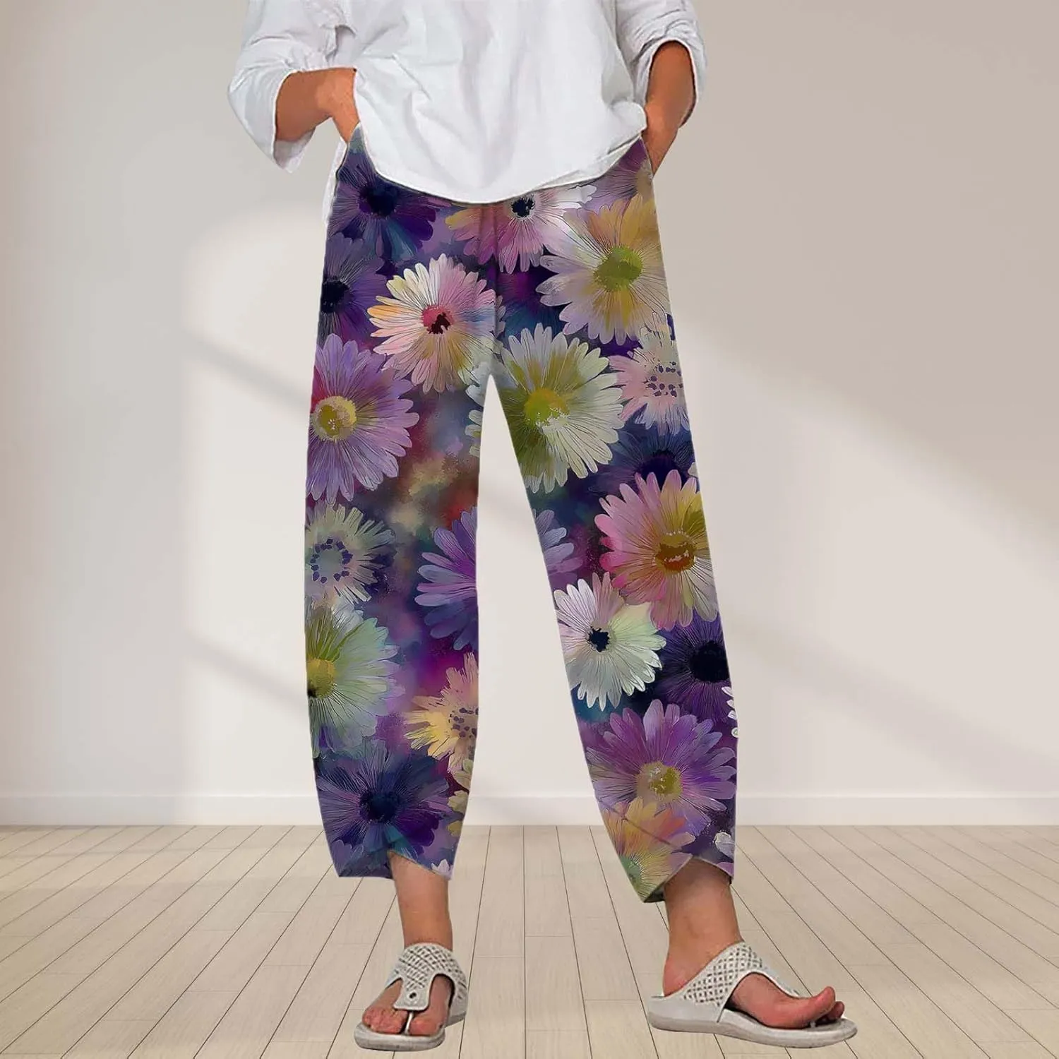 Boho Cotton Linen Pants for Womens Summer Floral Capri Pants Wide Leg Comfy Baggy Palazzo Trousers