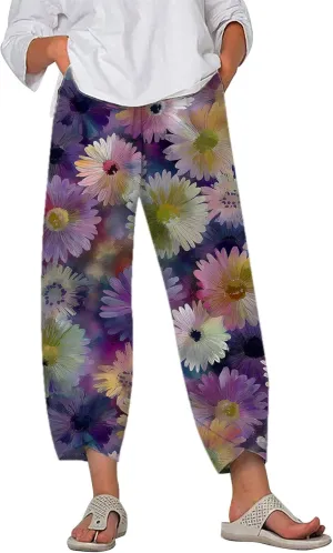Boho Cotton Linen Pants for Womens Summer Floral Capri Pants Wide Leg Comfy Baggy Palazzo Trousers