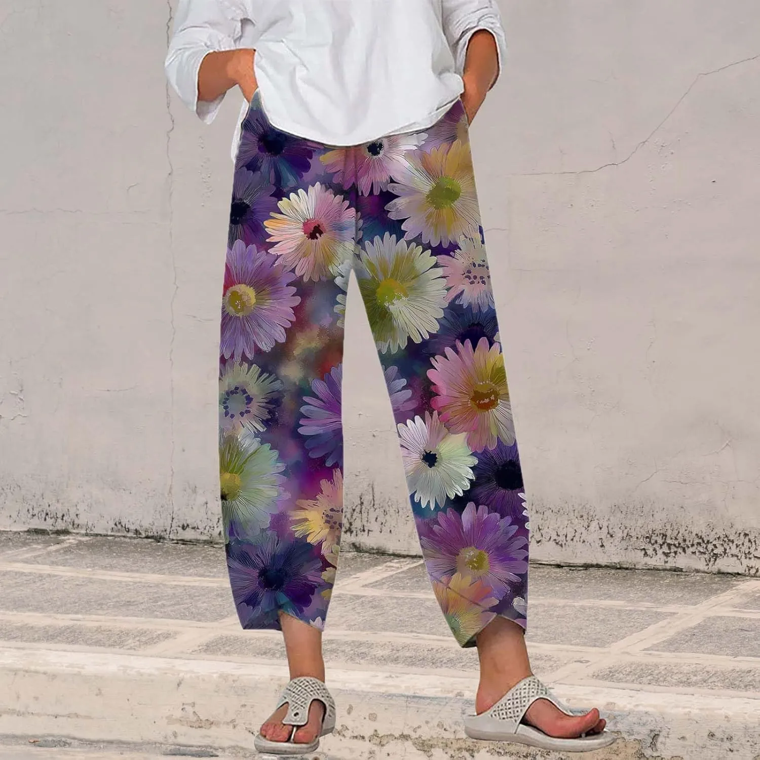 Boho Cotton Linen Pants for Womens Summer Floral Capri Pants Wide Leg Comfy Baggy Palazzo Trousers