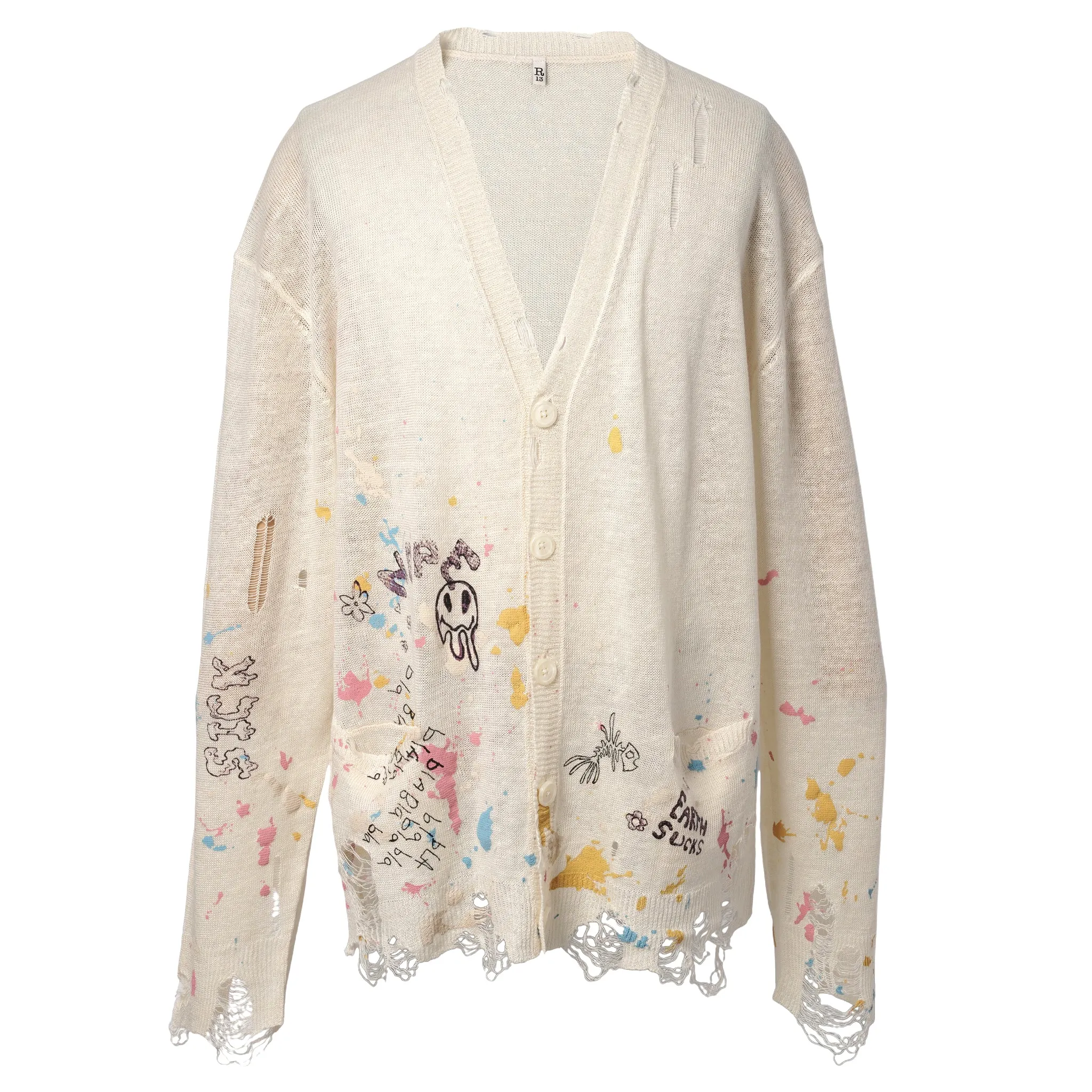 BOYFRIEND CARDIGAN / Y204B:CREAM WITH PAINT SPLATTER AND SCRIBBLES