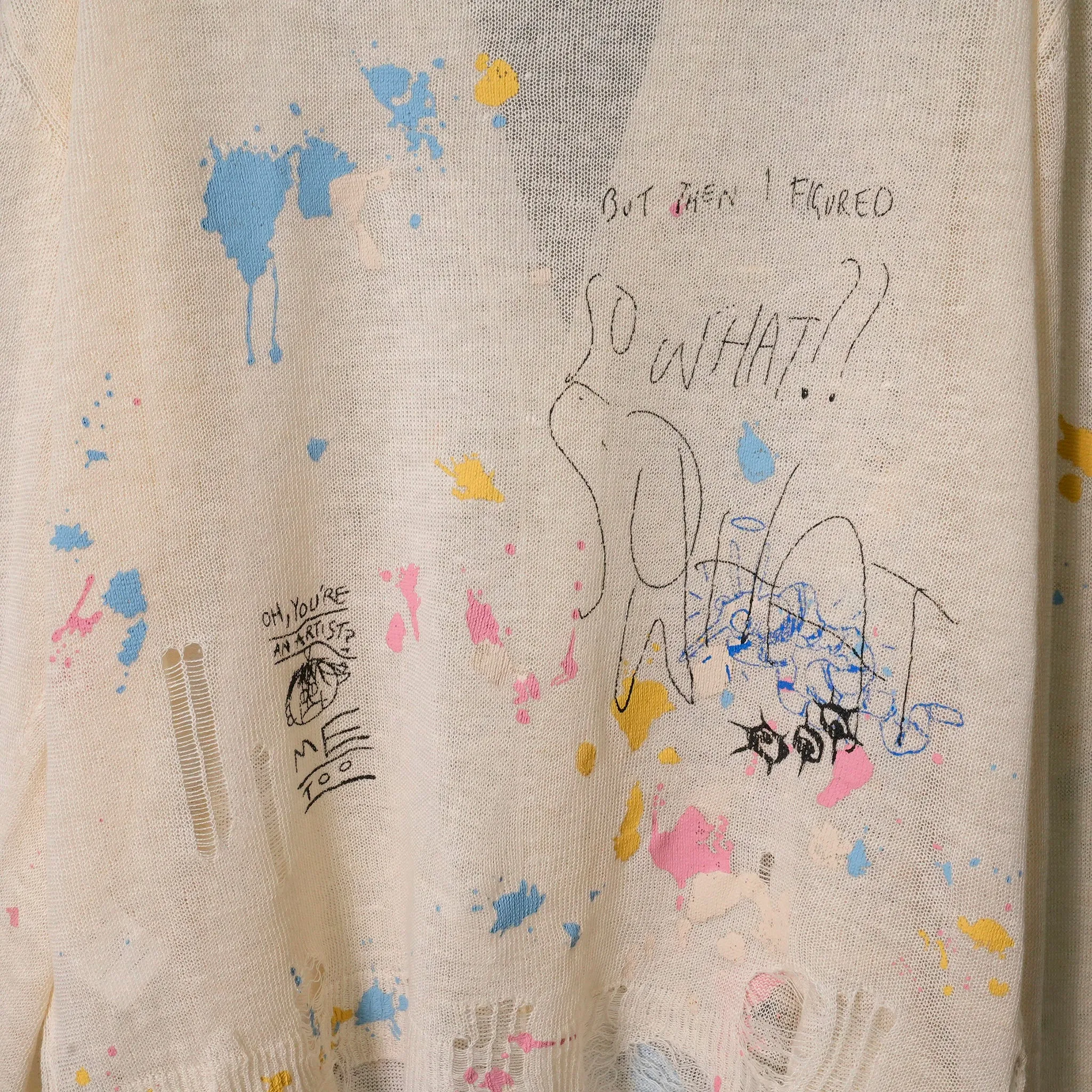 BOYFRIEND CARDIGAN / Y204B:CREAM WITH PAINT SPLATTER AND SCRIBBLES