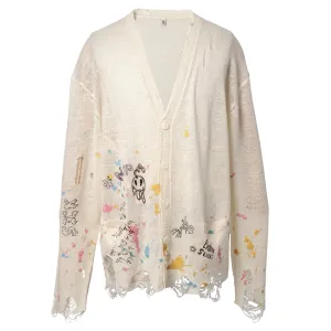 BOYFRIEND CARDIGAN / Y204B:CREAM WITH PAINT SPLATTER AND SCRIBBLES