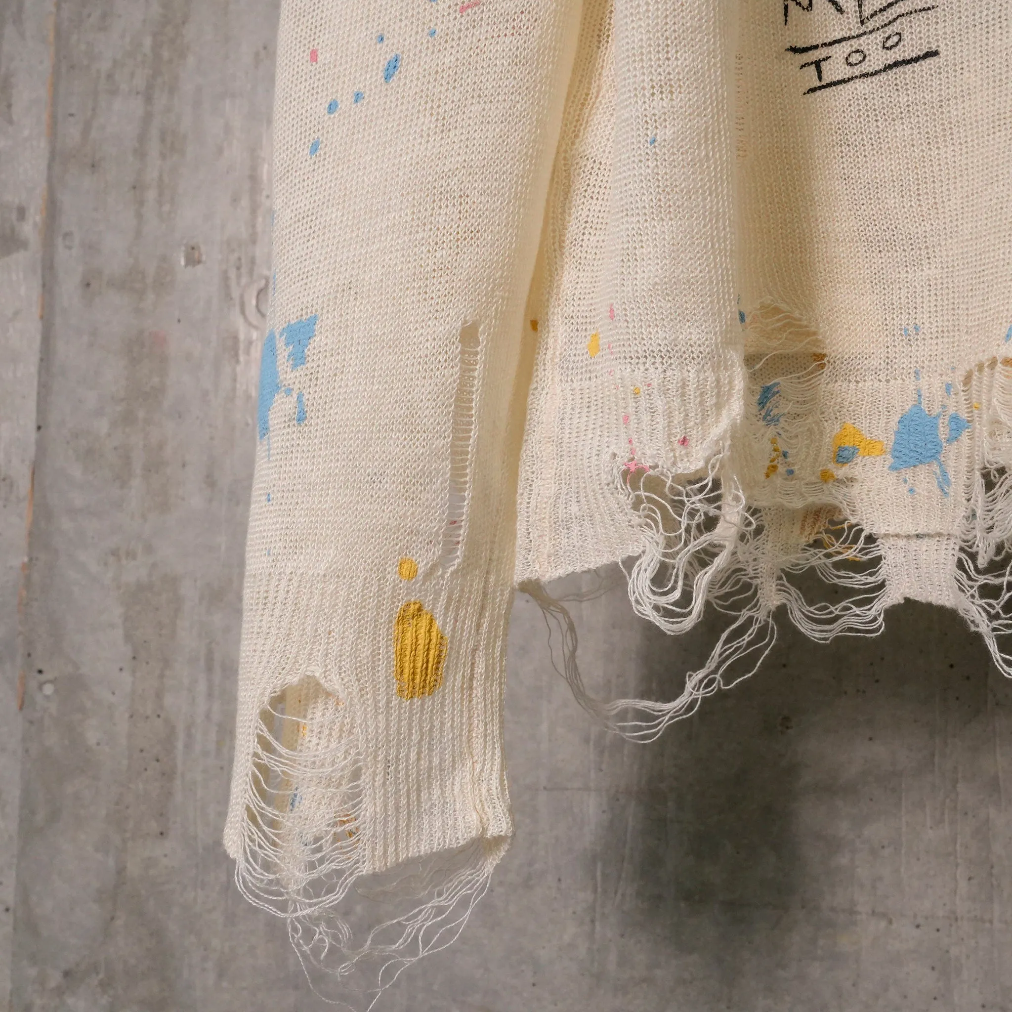 BOYFRIEND CARDIGAN / Y204B:CREAM WITH PAINT SPLATTER AND SCRIBBLES