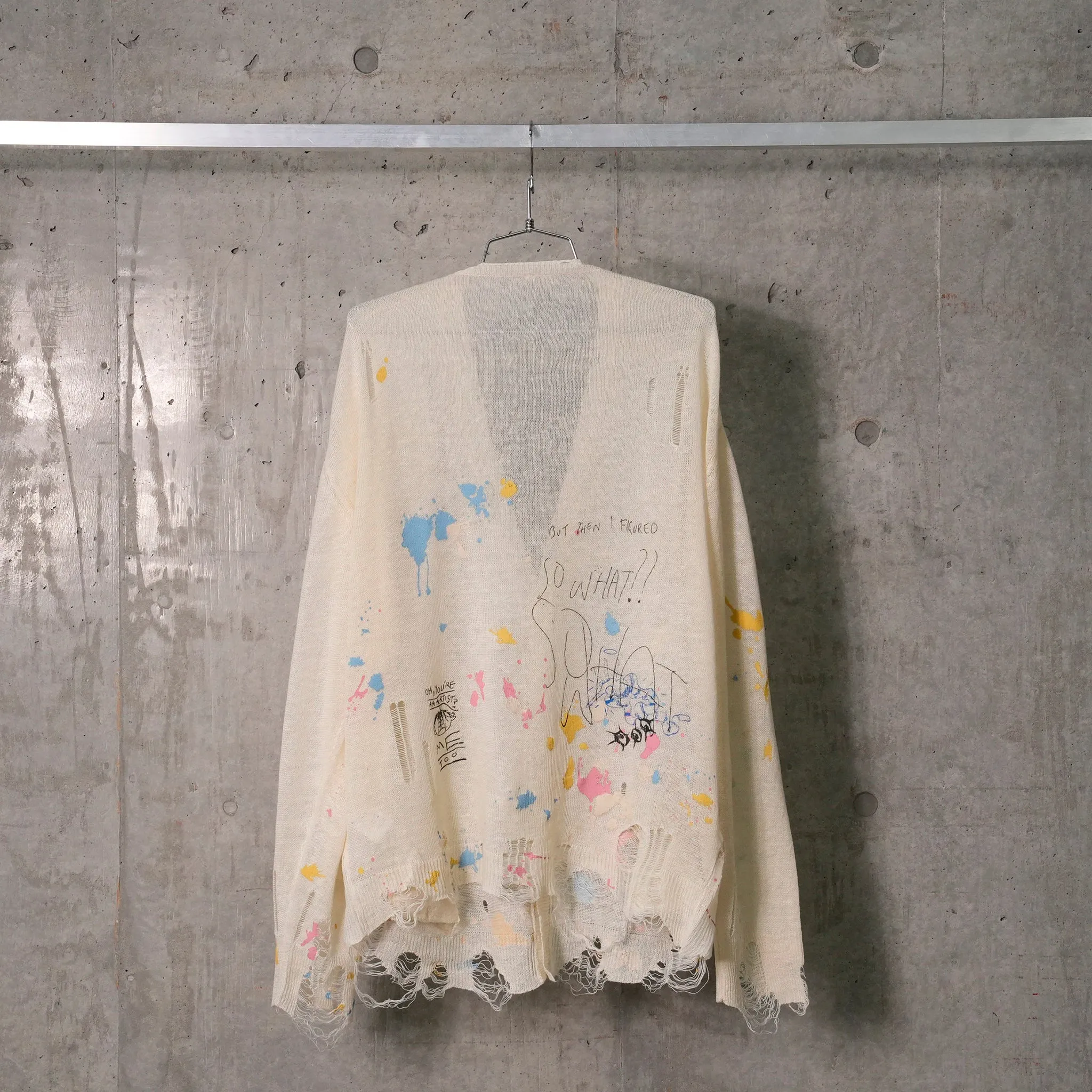 BOYFRIEND CARDIGAN / Y204B:CREAM WITH PAINT SPLATTER AND SCRIBBLES