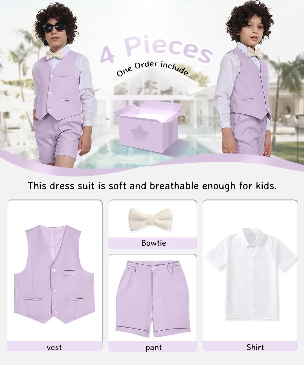 Boys Formal Linen Suit 4 Pieces Shirt,Vest, Pants and Tie Dresswear Suit Set