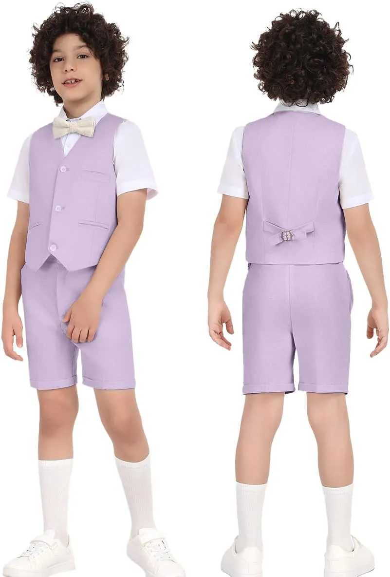Boys Formal Linen Suit 4 Pieces Shirt,Vest, Pants and Tie Dresswear Suit Set