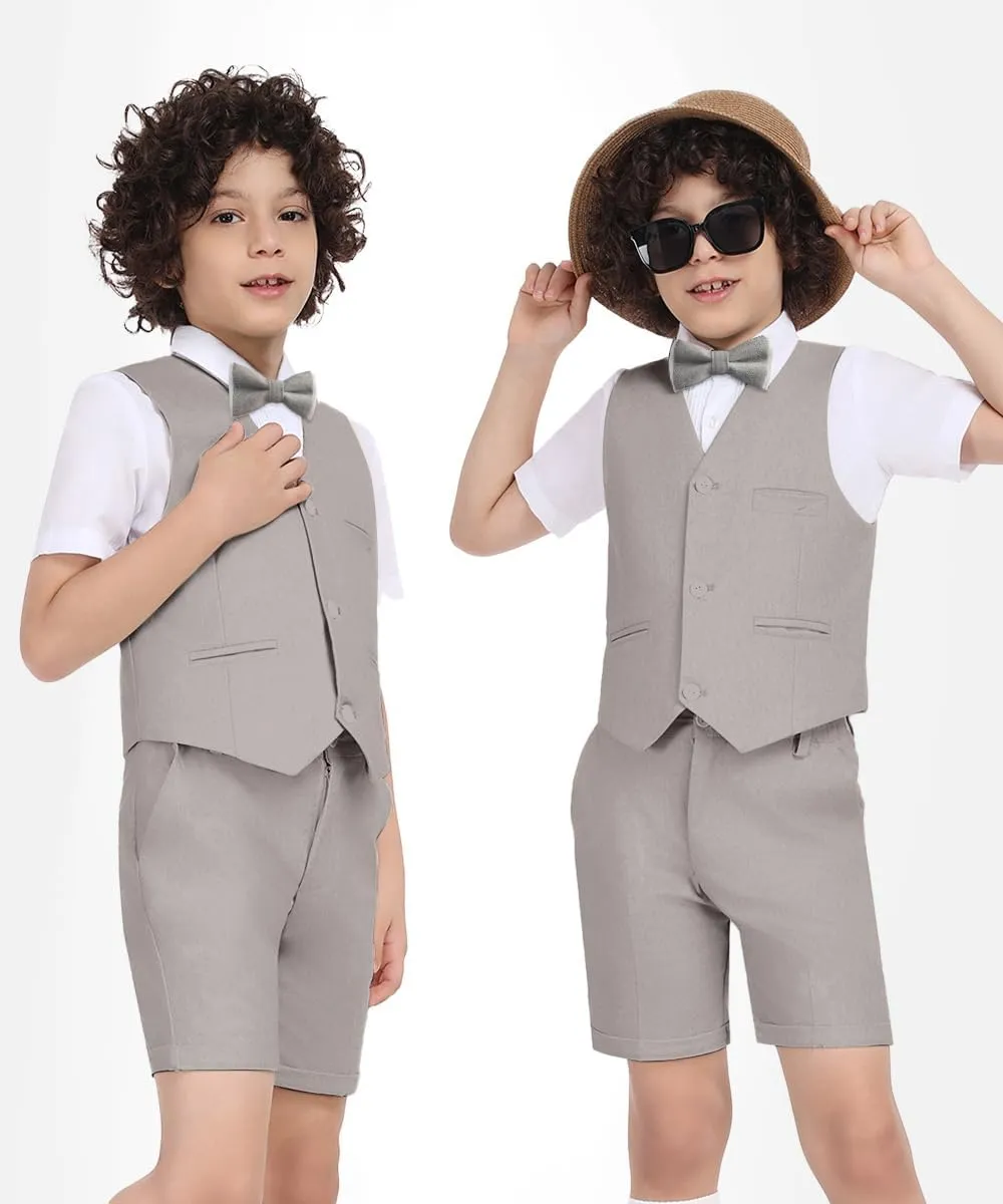 Boys Formal Linen Suit 4 Pieces Shirt,Vest, Pants and Tie Dresswear Suit Set