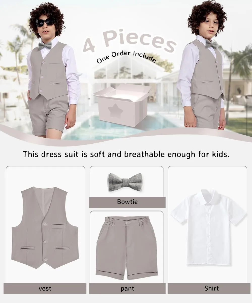 Boys Formal Linen Suit 4 Pieces Shirt,Vest, Pants and Tie Dresswear Suit Set