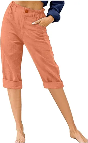 BZGTZT Capris Pants for Women Casual Summer Cotton Linen 3/4 Pants Wide Leg Capris Lightweight Baggy Cropped Lounge Trouser