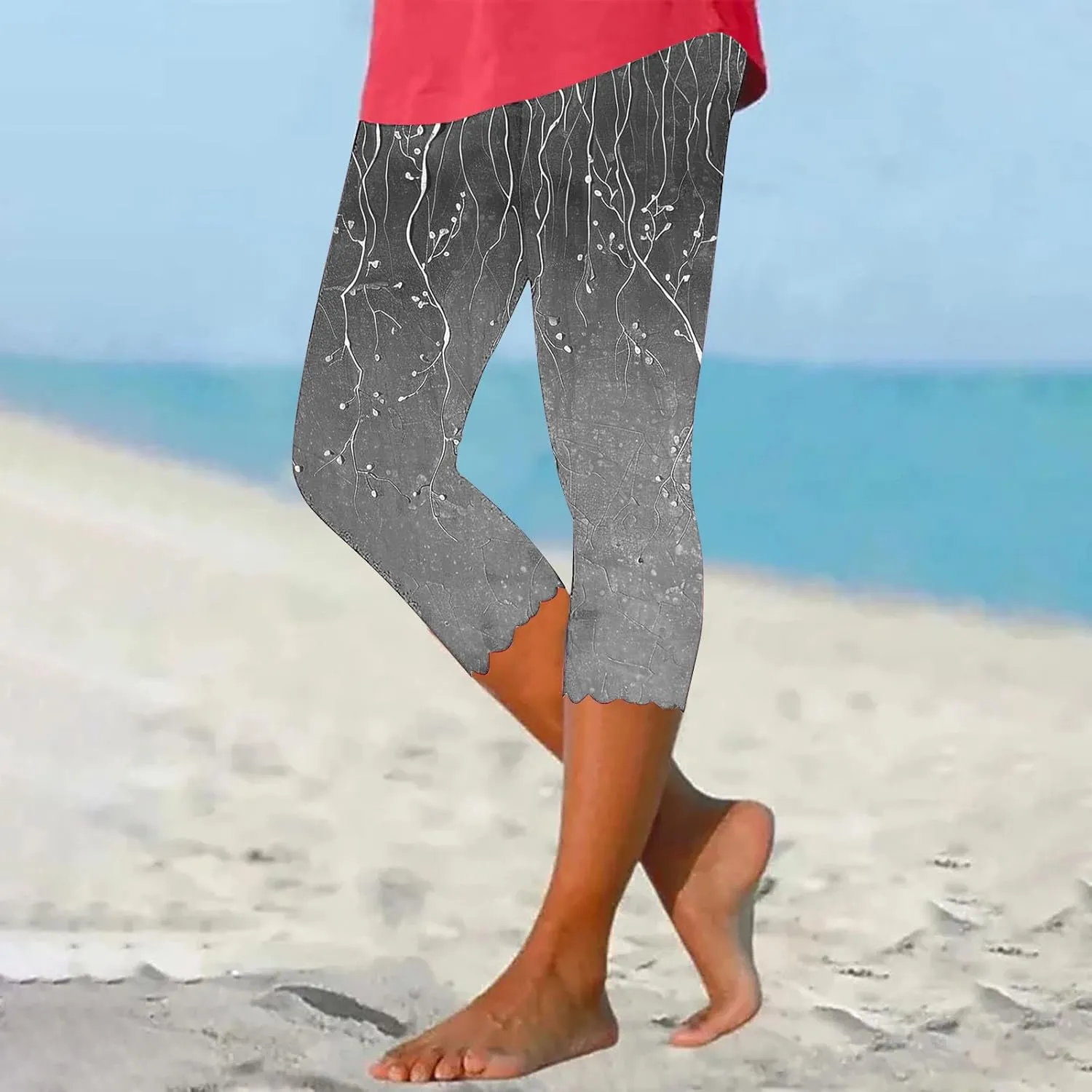 Capri Leggings for Women Floral Print High Waist Capris Pants Tummy Control Knee Length Slim Yoga Cropped Trouser