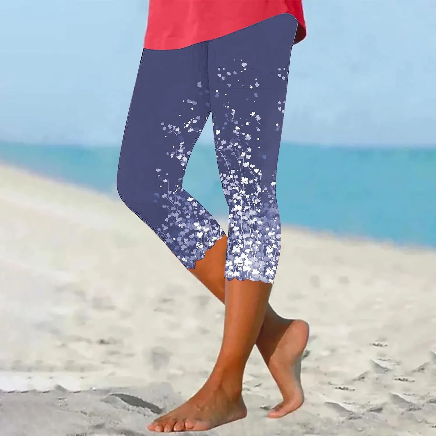 Capri Leggings for Women Floral Print High Waist Capris Pants Tummy Control Knee Length Slim Yoga Cropped Trouser