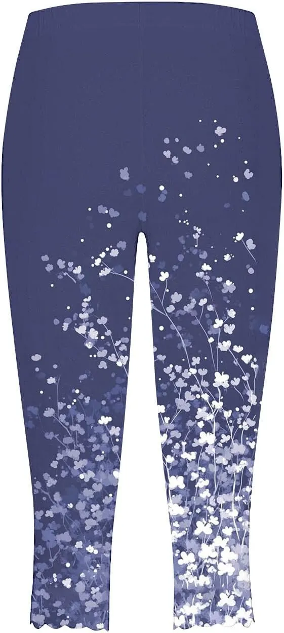 Capri Leggings for Women Floral Print High Waist Capris Pants Tummy Control Knee Length Slim Yoga Cropped Trouser