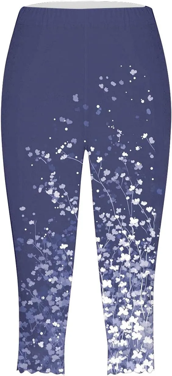 Capri Leggings for Women Floral Print High Waist Capris Pants Tummy Control Knee Length Slim Yoga Cropped Trouser