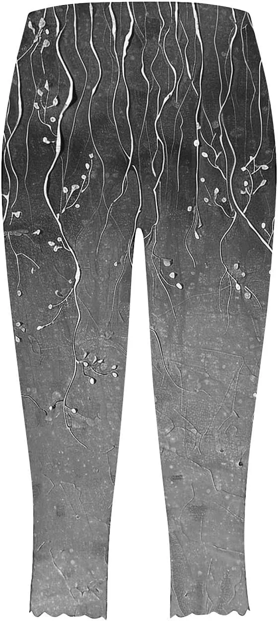 Capri Leggings for Women Floral Print High Waist Capris Pants Tummy Control Knee Length Slim Yoga Cropped Trouser
