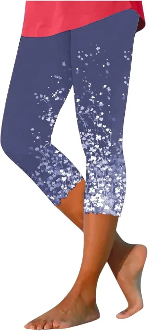 Capri Leggings for Women Floral Print High Waist Capris Pants Tummy Control Knee Length Slim Yoga Cropped Trouser