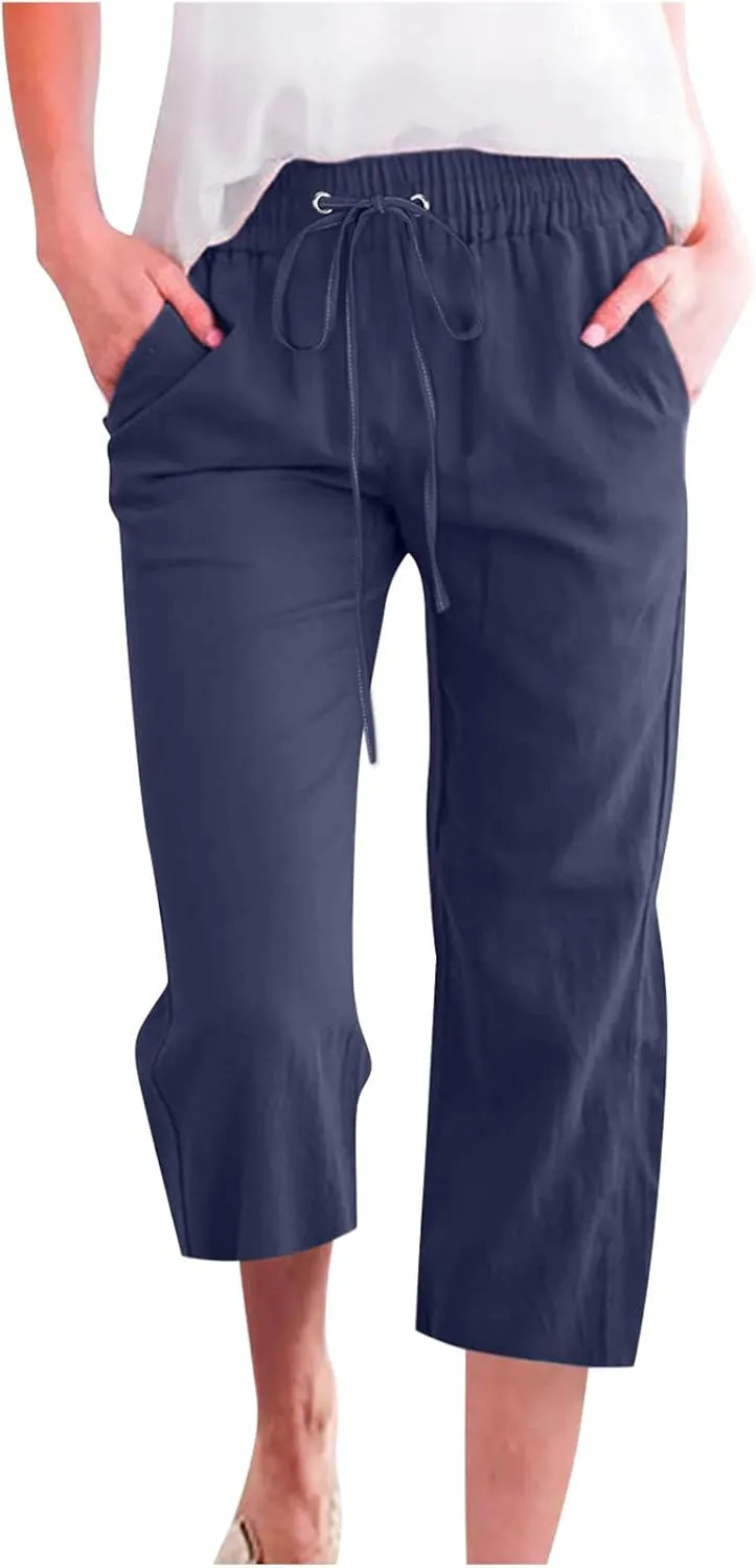 Capri Pants for Women Casual Summer Drawstring Elestic High Waist Cropped Trouser Plus Size Cotton Linen Capris