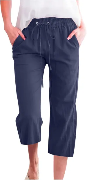 Capri Pants for Women Casual Summer Drawstring Elestic High Waist Cropped Trouser Plus Size Cotton Linen Capris