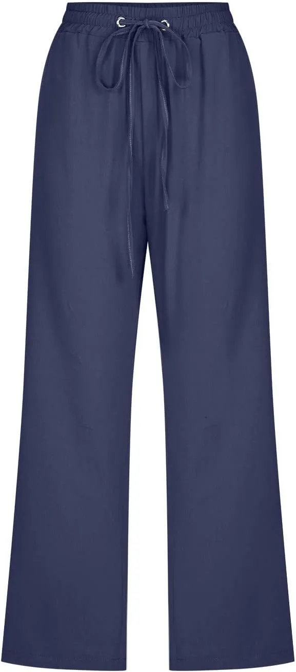 Capri Pants for Women Casual Summer Drawstring Elestic High Waist Cropped Trouser Plus Size Cotton Linen Capris