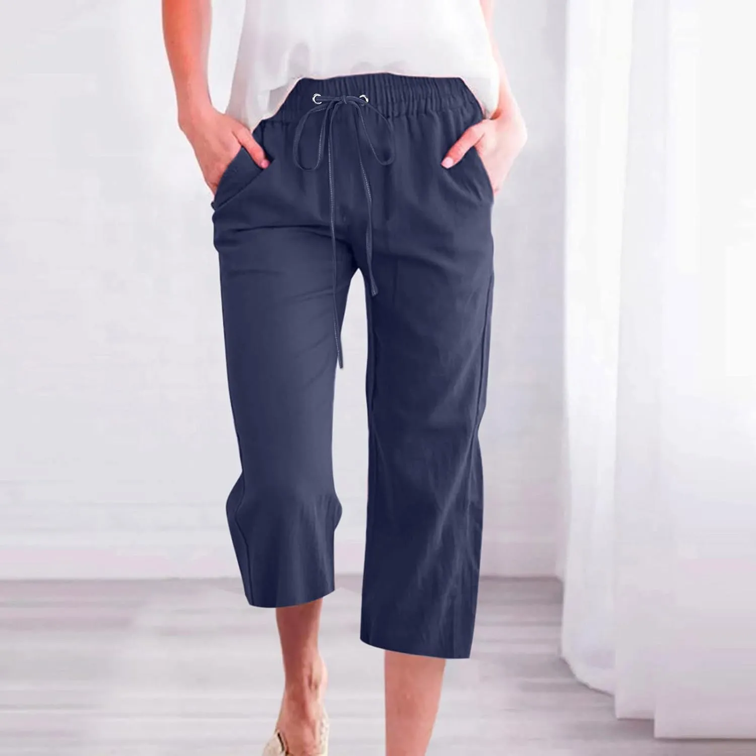 Capri Pants for Women Casual Summer Drawstring Elestic High Waist Cropped Trouser Plus Size Cotton Linen Capris