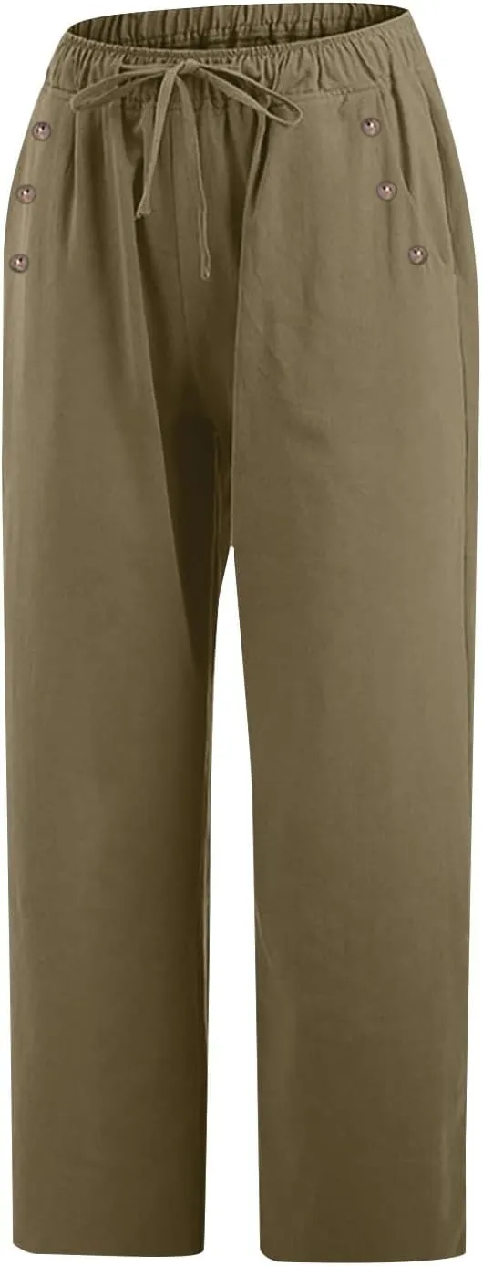 Capri Pants for Women Casual Summer Wide Leg Linen Pants Drawstring Elastic High Waist Palazzo Comfy Cropped Trousers