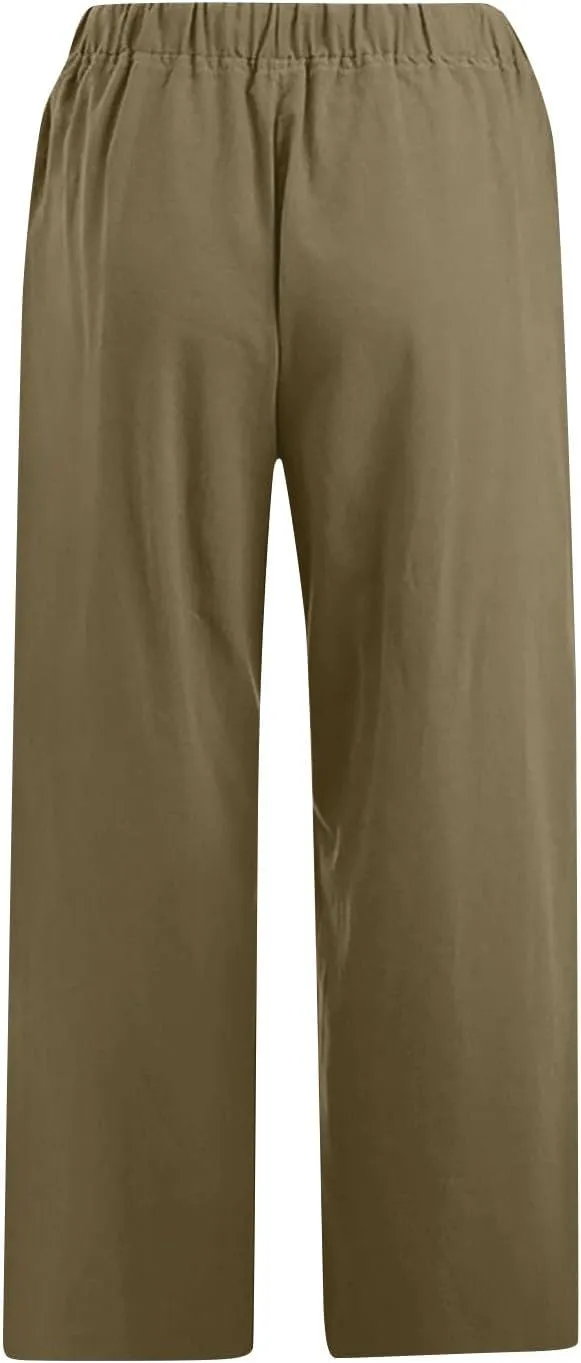 Capri Pants for Women Casual Summer Wide Leg Linen Pants Drawstring Elastic High Waist Palazzo Comfy Cropped Trousers