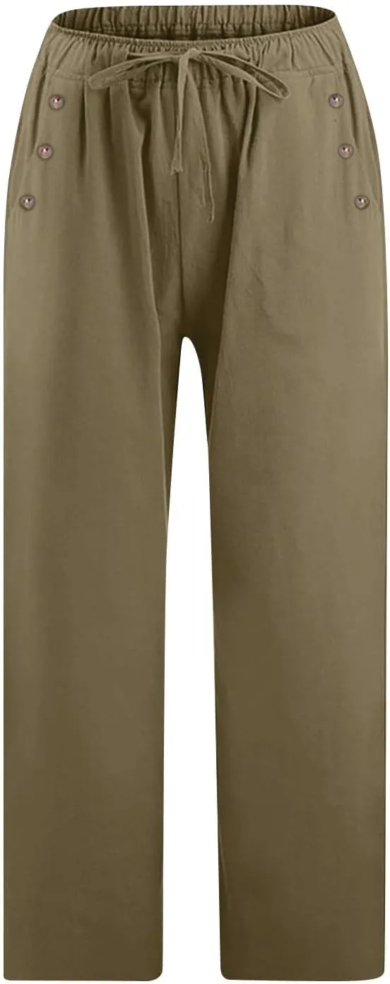 Capri Pants for Women Casual Summer Wide Leg Linen Pants Drawstring Elastic High Waist Palazzo Comfy Cropped Trousers