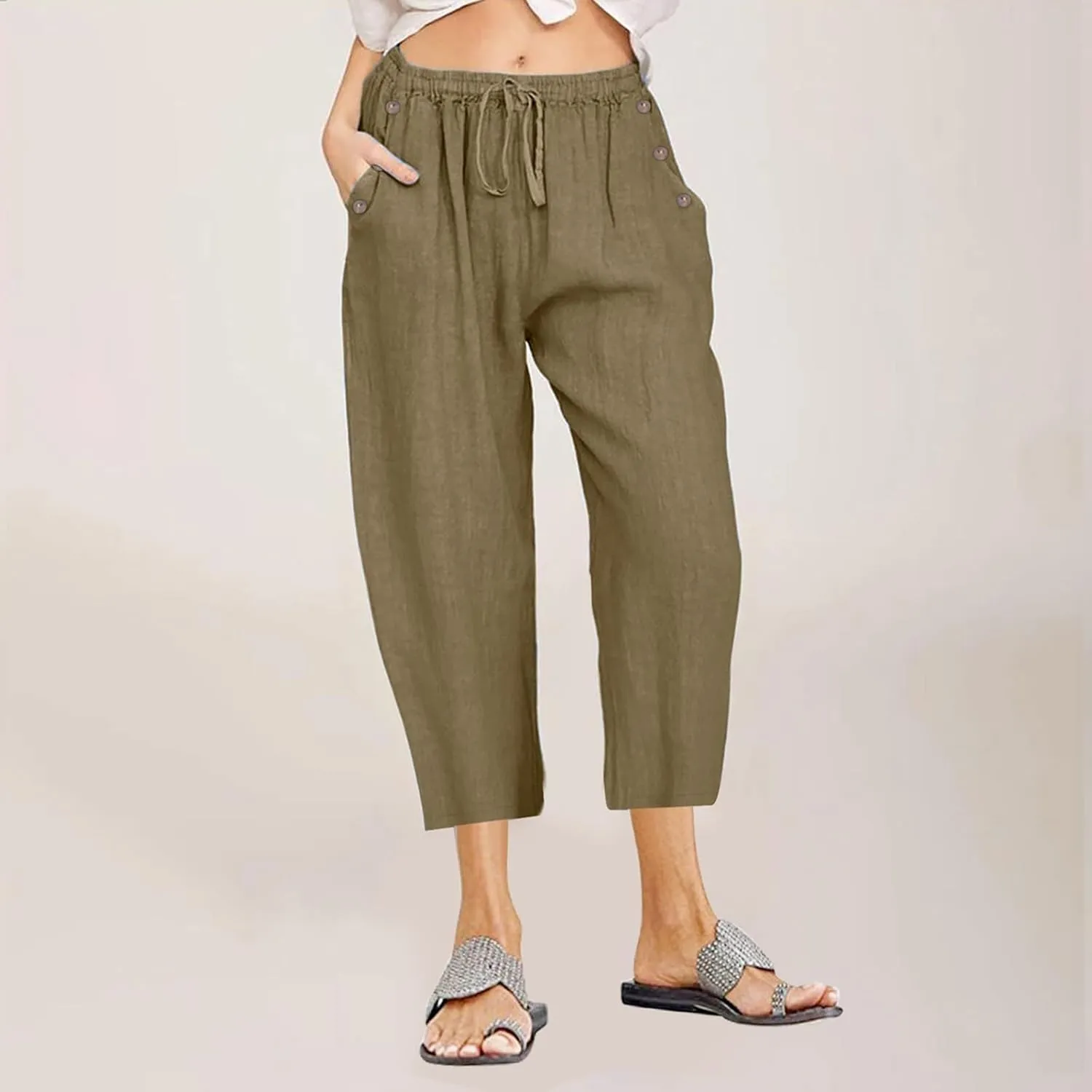 Capri Pants for Women Casual Summer Wide Leg Linen Pants Drawstring Elastic High Waist Palazzo Comfy Cropped Trousers