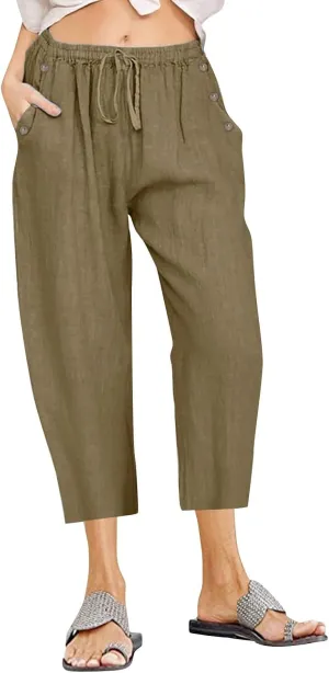 Capri Pants for Women Casual Summer Wide Leg Linen Pants Drawstring Elastic High Waist Palazzo Comfy Cropped Trousers