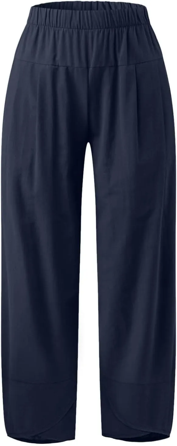 Capri Pants for Women Cotton Linen High Elastic Waist Trousers 2024 Summer Casual Fashion Capri Trousers with Pocket