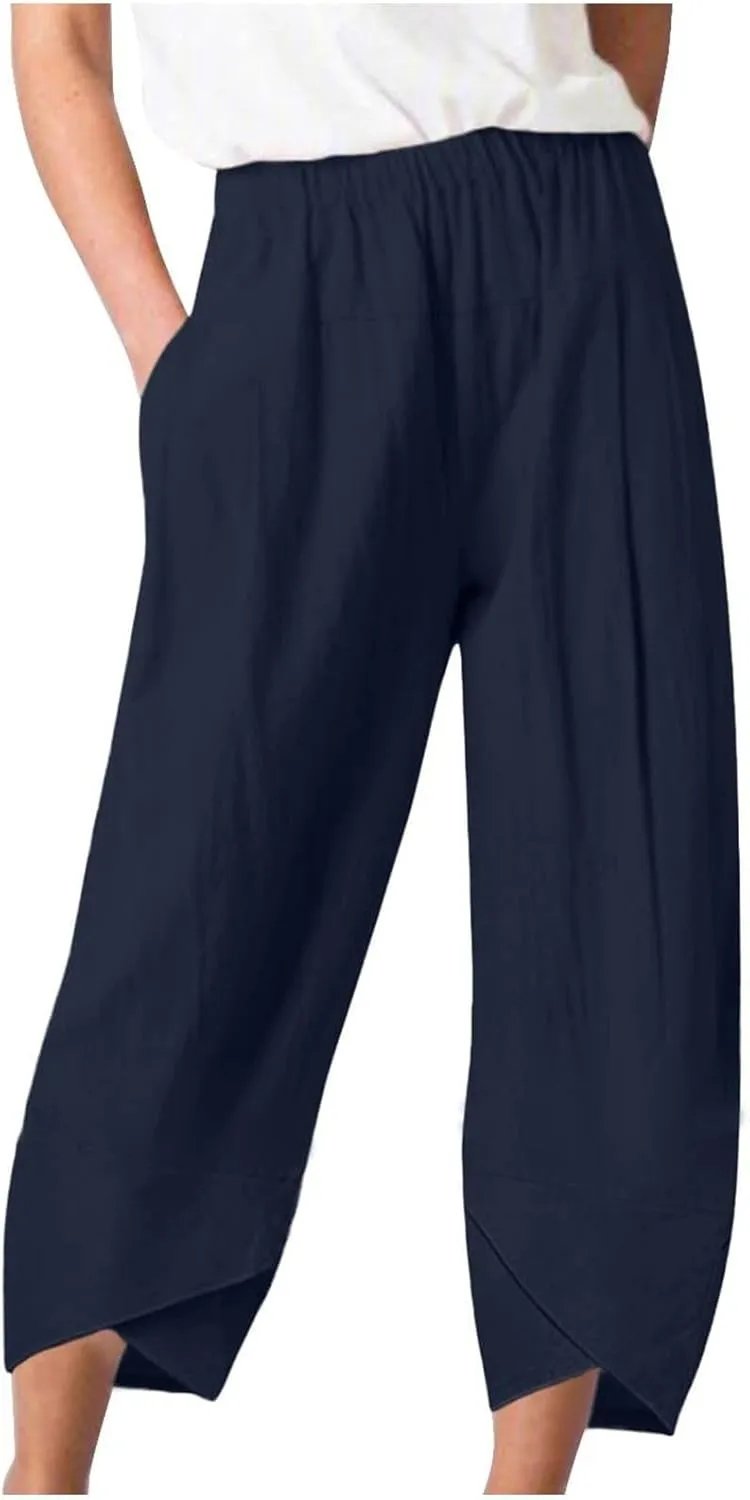 Capri Pants for Women Cotton Linen High Elastic Waist Trousers 2024 Summer Casual Fashion Capri Trousers with Pocket