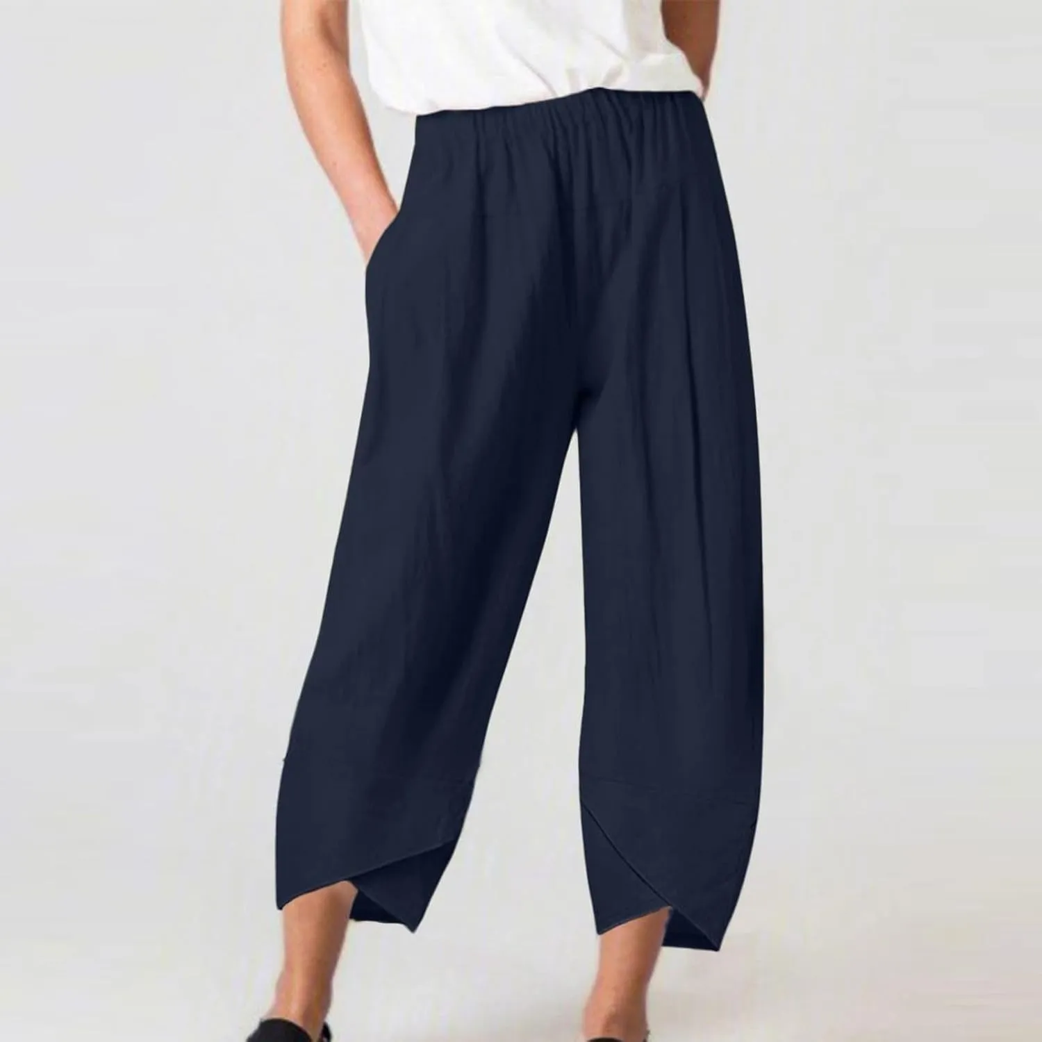Capri Pants for Women Cotton Linen High Elastic Waist Trousers 2024 Summer Casual Fashion Capri Trousers with Pocket