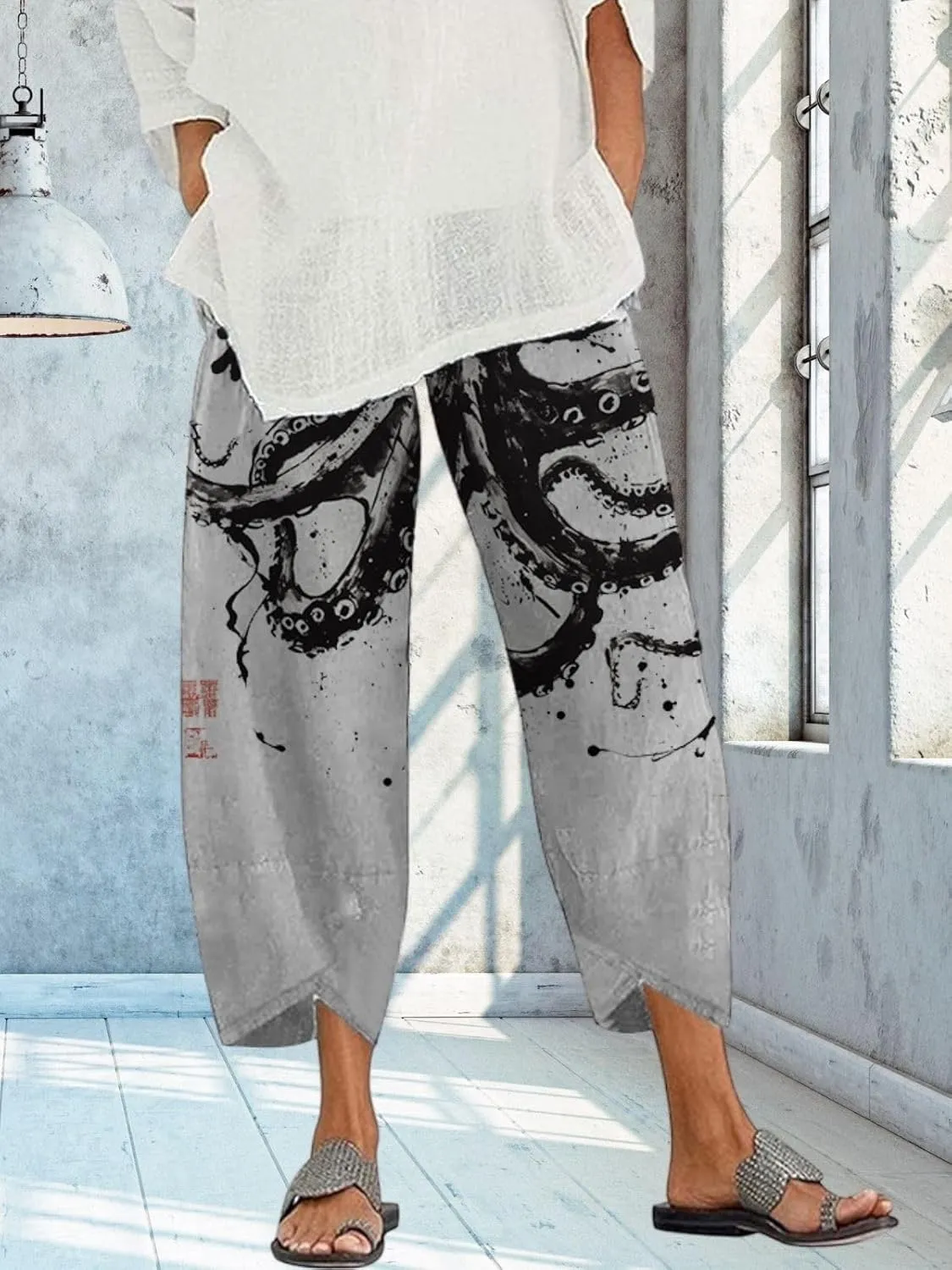 Capris Linen Pants for Women Ocean Japanese Art Printed Baggy Cropped Wide Leg Pallazzo Trousers Fish Pants for Beach