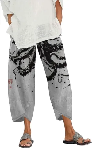 Capris Linen Pants for Women Ocean Japanese Art Printed Baggy Cropped Wide Leg Pallazzo Trousers Fish Pants for Beach