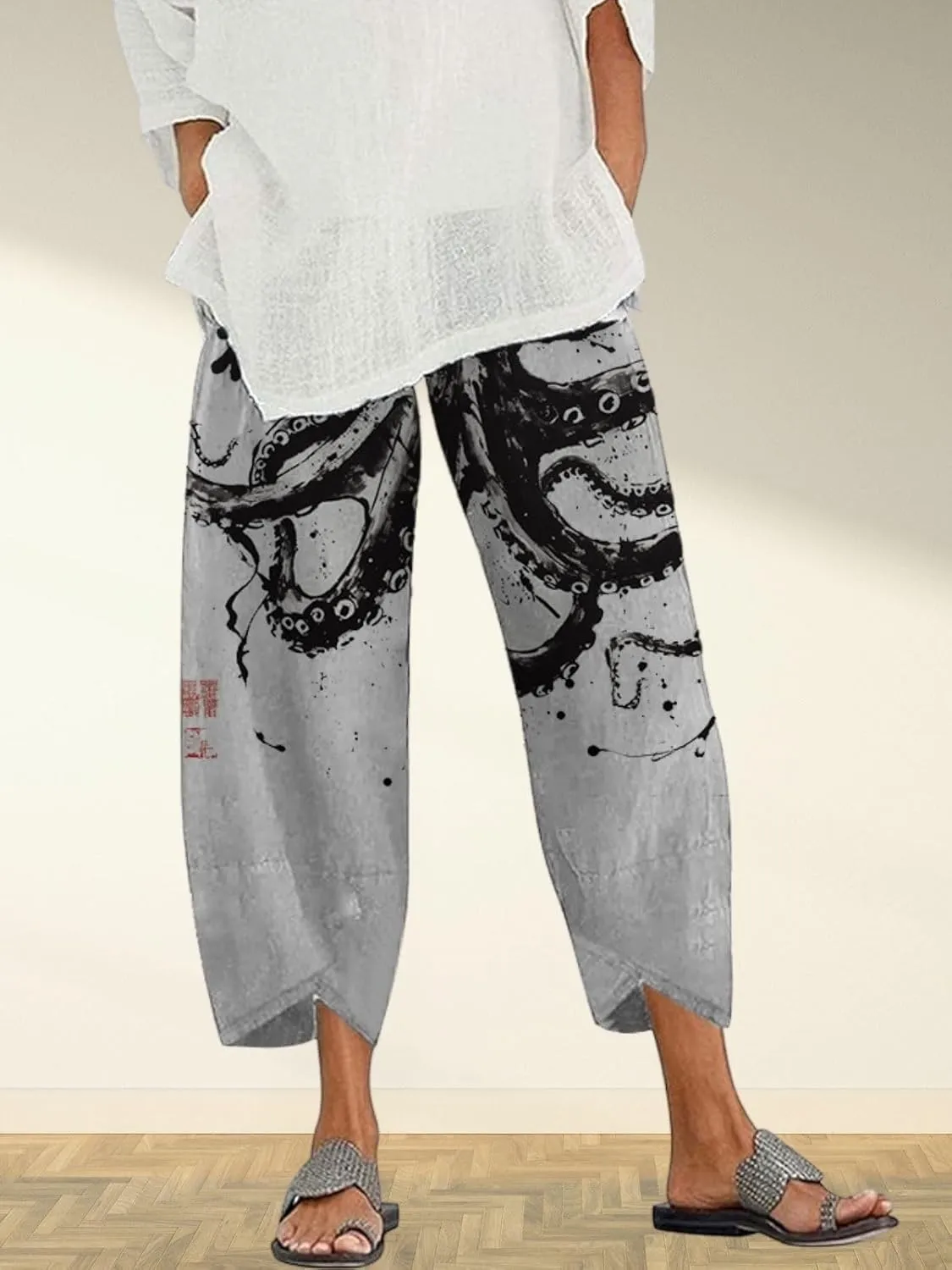 Capris Linen Pants for Women Ocean Japanese Art Printed Baggy Cropped Wide Leg Pallazzo Trousers Fish Pants for Beach