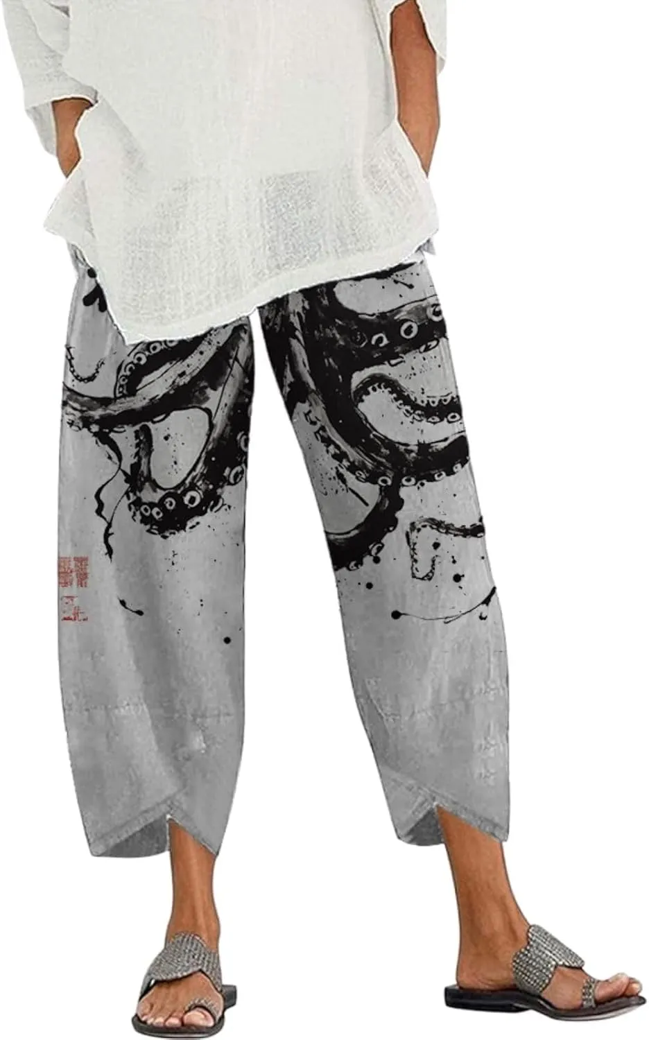 Capris Linen Pants for Women Ocean Japanese Art Printed Baggy Cropped Wide Leg Pallazzo Trousers Fish Pants for Beach