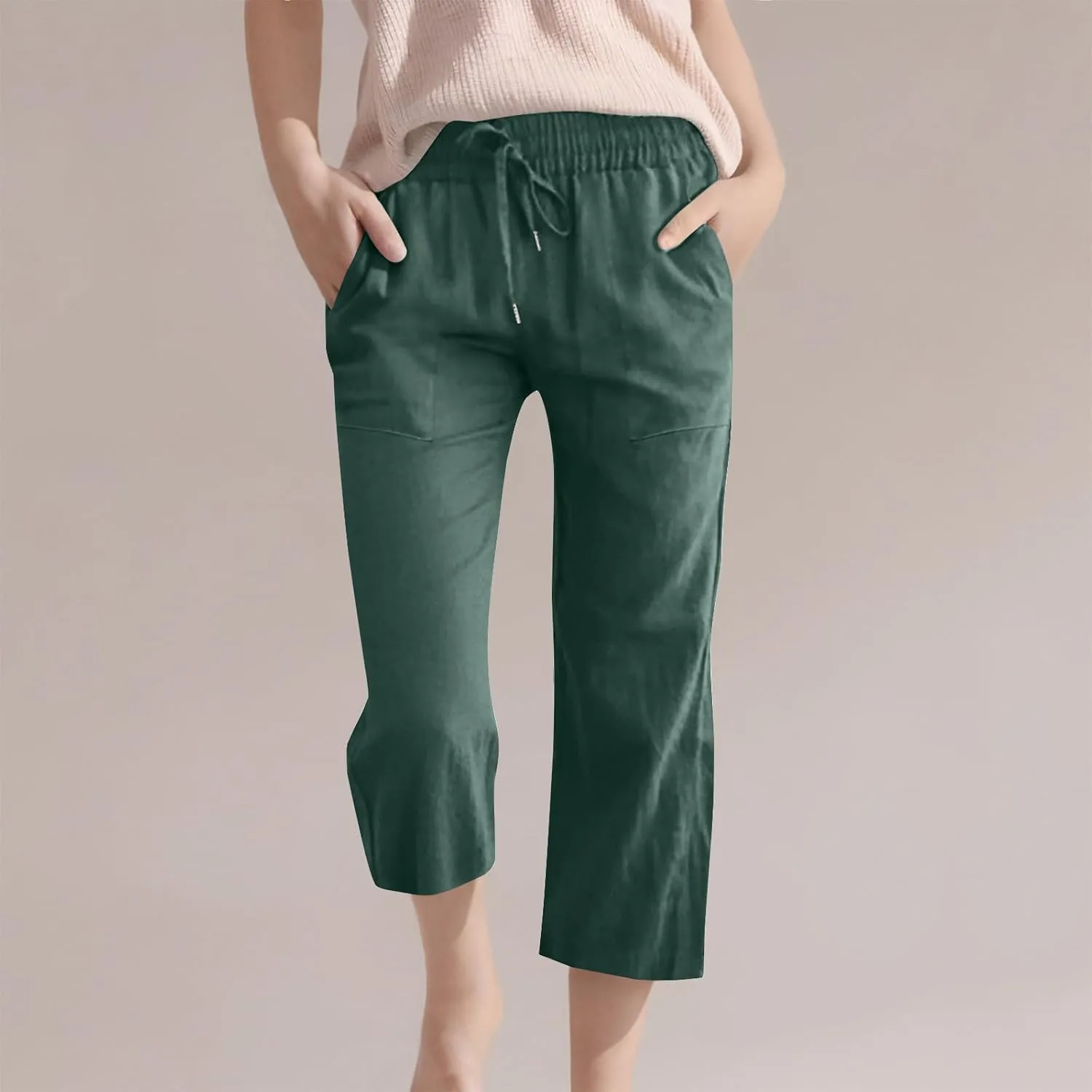 Capris Pants for Girls Summer Casual Loose Cotton Linen Straight Wide Leg Drawstring Elastic Waist Solid Cropped Pant